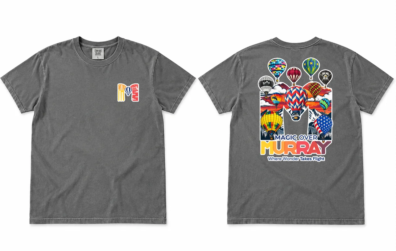 Front and back views of the charcoal 2026 Magic Over Murray T-shirt
